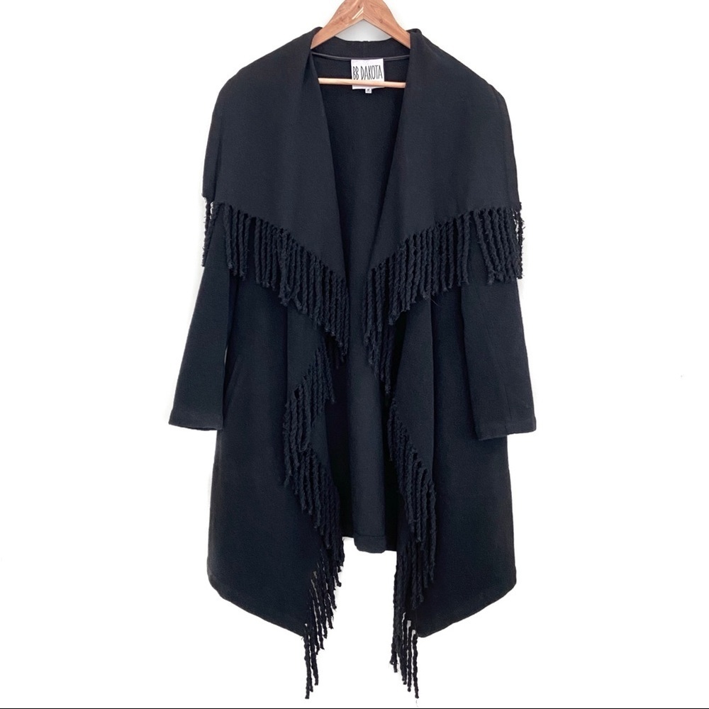 BB DAKOTA Candace Black Fringed Waterfall Coat